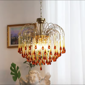 Lustre de plafond intérieur en cristal rouge fourni en usine éclairage pendentif goutte d'eau chambres d'hôtel installation suspendue de courant alternatif - Product Image 3