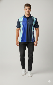 Camisa polo de poliéster azul marino oscuro con estampado por sublimación. Hecho de microfibra de poliéster de 145-150 g/m² - Product Image 6