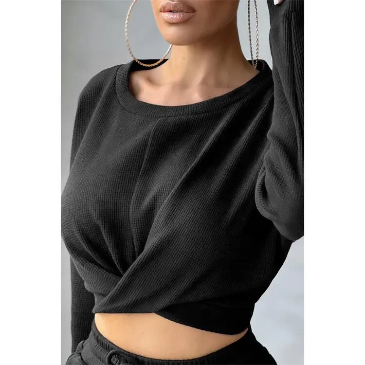 OEVE Custom Women Crew Neck Twist Pullover Sweatshirt Full Sleeve 2 Piece Women Cropped Top And Long Pant Sets