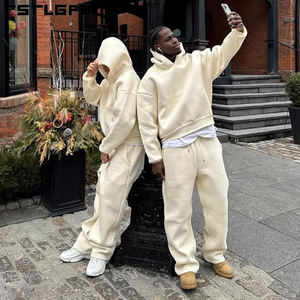 Custom logo 100% 450 Gsm Cotton Oversized <strong>Men's</strong> Baggy Plain Cropped Heavy Zip up Hoodie and Loose Fit Sweatpants Tracksuit Set - Product Image 3