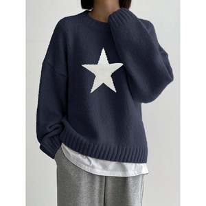 Pull décontracté d'hiver à col rond et épaules tombantes pour femme, en tricot noir avec motif géométrique, en polyester - Product Image 1