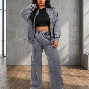 Ensemble de survêtement pour femmes grande taille, couleur unie, avec poches latérales, fermeture éclair, col rabattu, coupe ample décontractée, vêtements d'automne - Product Image 2