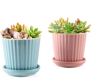 Pots à fleurs en porcelaine émaillée nordique, directement de l'usine, avec trou de drainage et soucoupe intégrée, 4 pouces, design rayé, pour maison et <span class=keywords><strong>jardin</strong></span> contemporains - Product Image 2