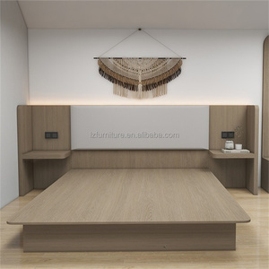 Solid Wood Hotel <b>Bed</b> King Size Modern Integrated <b>Platform</b> <b>Bed</b> <b>Frame</b> with Built-in Headboard & Nightstands For 3 Star Hotels - Product Image 1
