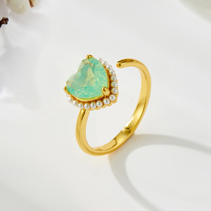 Heart-Shaped Light Green Opal Open Ring With Pearl Beads Adjustable Index Finger Jewelry Gift For Women - Product Image 4