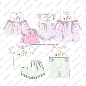 OEM Customized Kids Back To School Clothes ABC French Knot Baby Girls Sibling Sets Lace Trim Girls Shorts Set