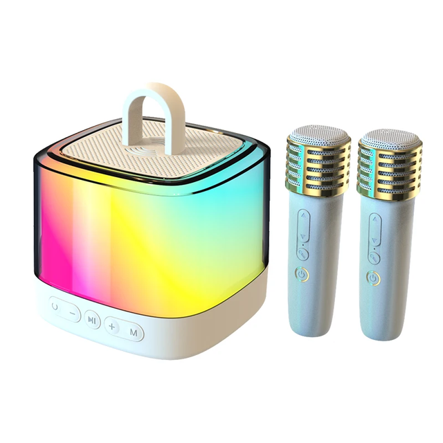 Wholesale BT 5.1 Mini Karaoke Speaker Handle 2.5'' Speakers 2 Wireless Mics Colorful RGB Light Portable Kids Gift Singing AM/FM