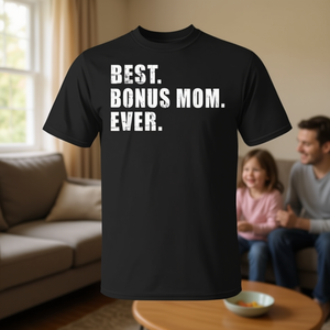 T-shirt Best Bonus Mom Ever, girocollo nero, unisex, taglia adulta SMLXLXXL - Product Image 3
