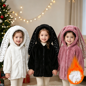 <span class=keywords><strong>Manteau</strong></span> d'hiver chaud en gros pour filles, vêtements d'extérieur moelleux pour enfants, <span class=keywords><strong>manteau</strong></span> long et mignon avec oreilles de lapin, en polaire douillette à fermeture éclair, tenues pour enfants - Product Image 1