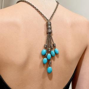 Collier à pampilles goutte d'eau turquoise, plaqué argent antique, chaîne de pull pour femme, bijoux de fête - Product Image 1