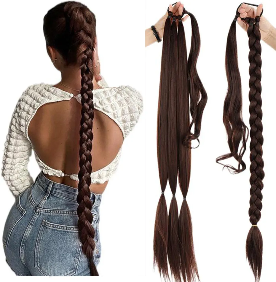 30inch Long Braiding Hair Extensions 3 Pieces Set, Handmade Twisted Braided Ponytail Extension with Rubber Bands and Hair tie