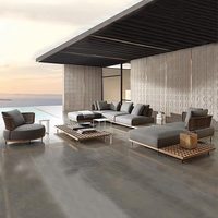 Ensemble de canapés d'extérieur modernes en teck résistant aux intempéries et rotin PE anti-UV, écologiques, pour cour, appartement et villa