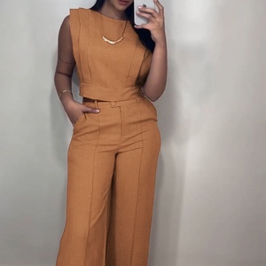 Women's Round Neck Short <b>Top</b> & Straight-Leg Pants Casual 2-Piece Set Fashion - Product Image 6