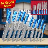 Livraison gratuite SkyCook Ensemble de couteaux en acier Damas de 8 pouces Couteau de cuisine japonais Chef avec manche en résine bleu saphir