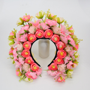 Dongchen Crafts <b>Silk</b> Flower <b>Headband</b> Pink Green Ethnic Style Hair Accessory For Photo Performance Prop - Product Image 1