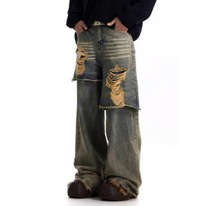 مصنع مخصص 2 في 1 للوزن الثقيل خمر غسل تلاشى تنحنح الخام البالية جودة عالية اشتعل الجينز الجينز الرجال الجينز مكدسة - Product Image 5