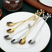 Cuillère à long manche dorée en acier inoxydable, cuillère à thé en forme de feuille, mini-cuillères à mélanger nordiques, petite fourchette pour dessert, café, miel, décoration intérieure