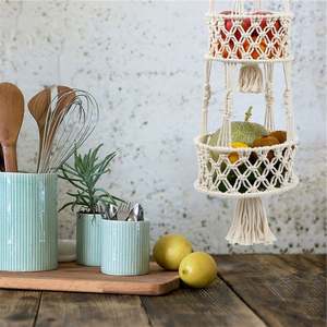 <span class=keywords><strong>Petit</strong></span> Panier En Coton De Rangement Mural Suspensión Para Plantas Corbeille Fruits A 3 Niveaux Accrocher Au Porte - Product Image 6