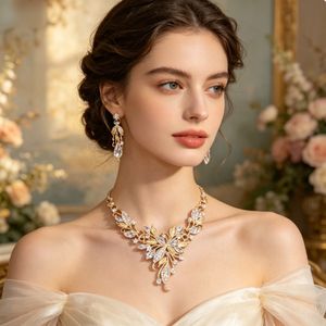 <span class=keywords><strong>Parure</strong></span> de bijoux de mariée exquise : collier et boucles d'oreilles ornés de pierres scintillantes, motif floral et feuilles, élégant ensemble de bijoux de mariée en cristal - Product Image 1
