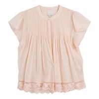 Blouse en mousseline plissée rose clair des femmes, manches courtes dentelle Trim Top pour Brunch & Office Wear, personnalisable