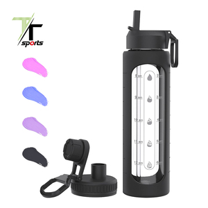 Bouteille d'eau en verre borosilicate anti-fuite de 32 oz avec manchon en silicone, marqueurs de temps, couvercle à paille, logo personnalisé, vente en gros - Product Image 2