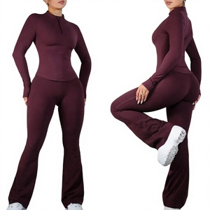 Ensemble de yoga pour femmes, pantalon évasé à taille haute, manches longues, fermeture éclair, respirant, séchage rapide, tenue d'entraînement - Product Image 3