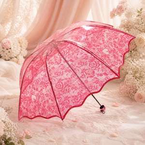 Parasol manuel rose en dentelle, style princesse, à bord festonné floral, en plastique, pour mariage, fête Lolita, cadeaux de détail - Vente en gros - Product Image 1