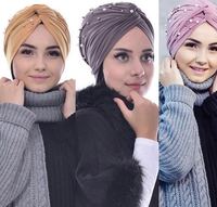 Moda Musulmana, Turbante Elástico de Jersey con Perlas para Mujer, Hiyab Islámico, Gorro Musulmán, Pañuelo para la Cabeza, Sombrero Indio, Turbante