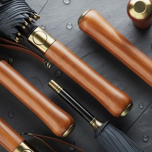 Classic Black Solid Color Straight <b>Umbrella</b> for Men Women With UPF 50 Sun Protection Large Canopy Wooden Handle Design - Product Image 2