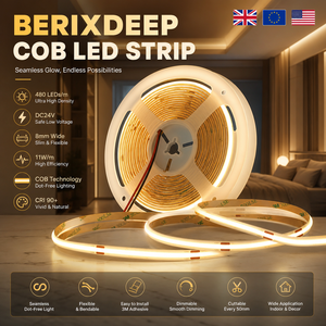 Bande <span class=keywords><strong>LED</strong></span> COB BERIXDEEP 480 <span class=keywords><strong>LED</strong></span>/m 24V 8mm <span class=keywords><strong>de</strong></span> large 11W/m découpable CRI92+ IP20 sans points lumineux, intensité variable pour armoire, miroir, étagère - Product Image 1