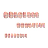 Ensemble d'ongles à presser Néon à carreaux Rose Jaune Vert Bleu Tartan Forme Squoval Brillants Réutilisables Faux Ongles Faits Main Pointes d'ongles originales 4413