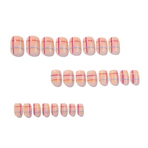 Juego <span class=keywords><strong>de</strong></span> <span class=keywords><strong>Uñas</strong></span> Postizas <span class=keywords><strong>de</strong></span> Neón con Diseño a Cuadros, Rosa, <span class=keywords><strong>Amarillo</strong></span>, Verde, Azul, Tartán, Forma Ovalada, Brillantes, Reutilizables, Hechas a Mano, con Diseño Moderno, 4413 - Product Image 2