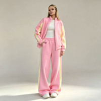 Produsen Pakaian Custom Baggy Casual Streetwear Heavyweight pink Cotton Fleece Zipper Tracksuit Wanita 2 Potong Set