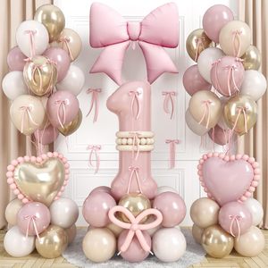 Kit de guirlande de ballons rétro rose et or, décorations pour fête de <span class=keywords><strong>1er</strong></span> anniversaire avec ballons en feuille de numéros et nœuds pour filles - Product Image 1