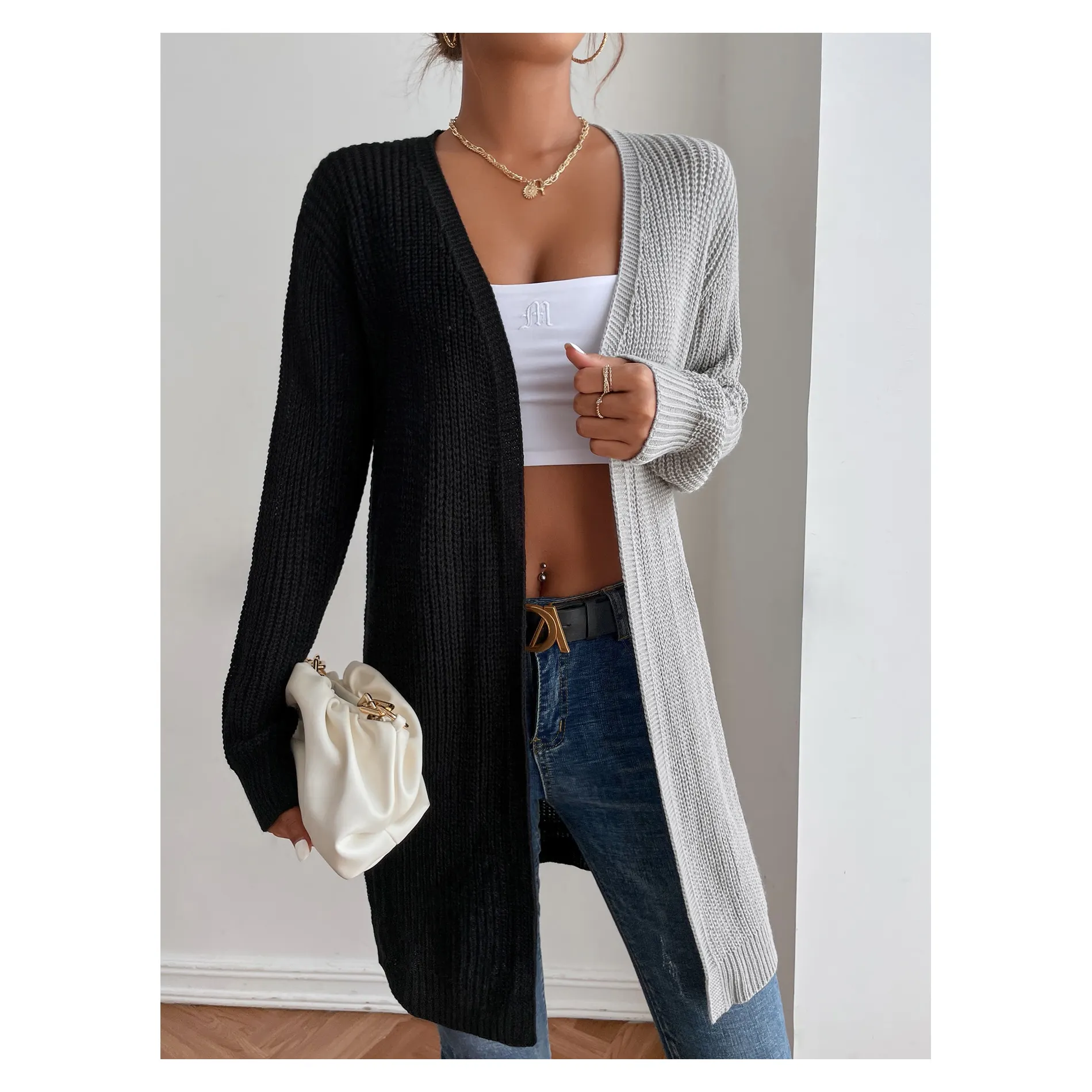 Custom Loose Top Outwear Casual Knitwear Women'S Black Grey Colorblock Long Sleeve Loose Oversized Cardigan Knitted Sweater