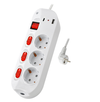 Prise multiple allemande, 3 voies, 16A, 230V~, avec protection enfant, interrupteurs individuels et interrupteur principal USB (1A+1C)