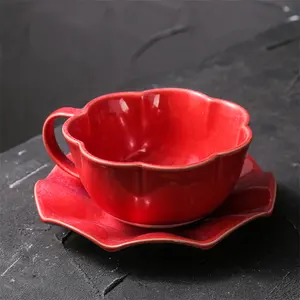Nordic ceramic crimping reactive glaze luxury cups and saucer sets hot selling gift mugs tea coffee cup set