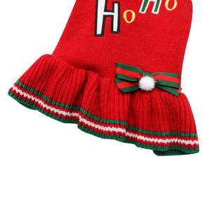 Vestito per cani rosso natalizio con ricamo Ho Ho Ho, collo alto, fiocco a volant, a costine, caldo e accogliente per l'inverno, personalizzabile con logo, per cani di piccola taglia femmina - Product Image 5