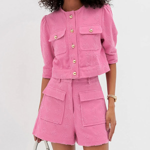 Jacquard di lusso 2024 estate nuovo abbigliamento da donna pendolarismo da ufficio in cotone <span class=keywords><strong>rosa</strong></span> mezza manica Top corto e <span class=keywords><strong>pantaloncini</strong></span> da donna - Product Image 1