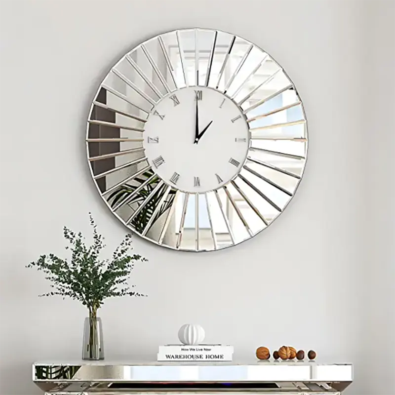 Mirrored Wall Clocks Decor Sparkly Big Decorative Wall Clock Round Modern Silver Glass Frame for Living Room Decoration for Home