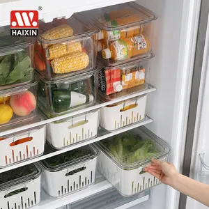 Kotak penyimpan kulkas dapat ditumpuk, penyimpan lemari es plastik bening untuk penyimpanan dapur, kotak wadah makanan dengan keranjang