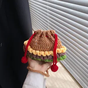 Bolsa para celular 2024 Mini bolsa de mão em crochê de alta qualidade com lã finalizada, fofa e fofa, ideal para hambúrguer