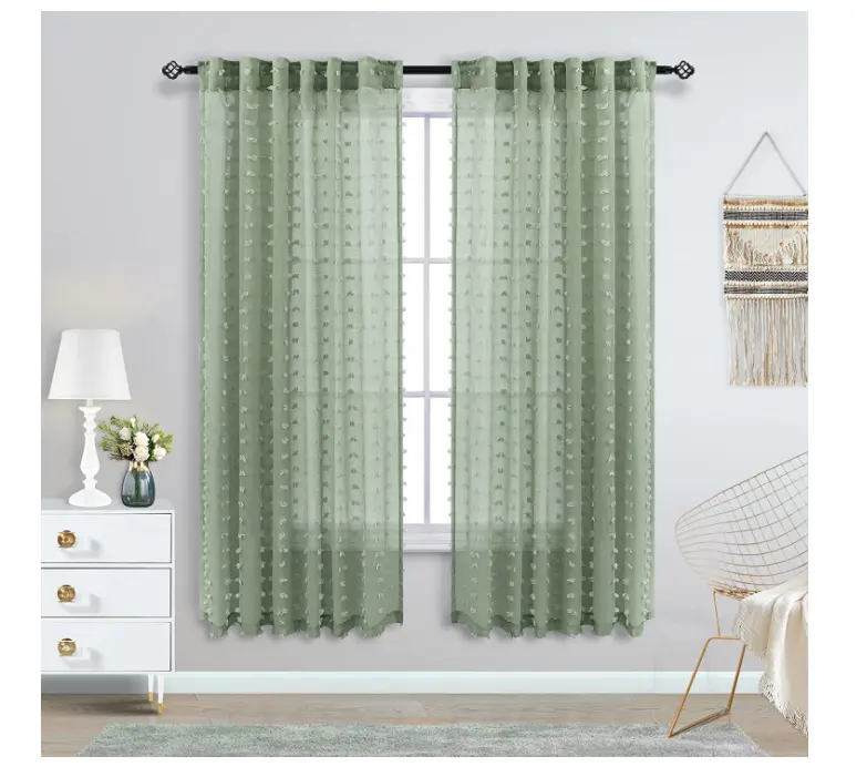 Wholesale Soft feeling Ready made Voile Boho Textured Sheer Curtain Panels Sage Green Back Tab Rod Pocket Pom pom Sheer Curtain