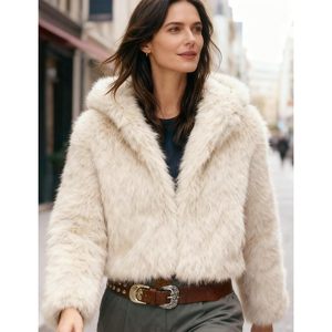 Abrigo de piel sintética para mujer, corto, con capucha, chaqueta de invierno con cremallera, frente abierto, cálido, con bolsillos - Product Image 3