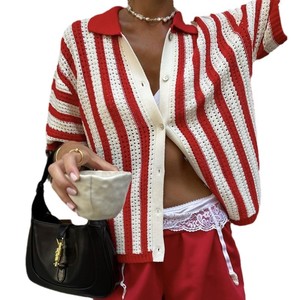 Haut tricoté pour femmes, rayures rouges et blanches, coupe ample, chemise à revers, vêtements décontractés printemps-été - Product Image 5