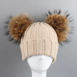 Unisex nuevo mapache real doble piel Pom sombrero gorros para niños ganchillo niños sombreros de punto lindo niña niño Otoño Invierno sombrero de punto