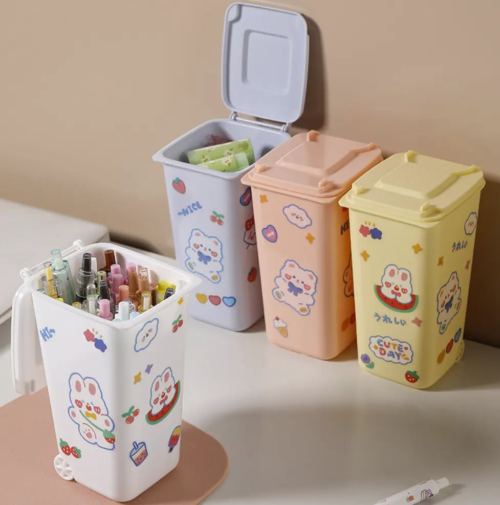 Mini waste bin Pen holder trash can desktop trash organizer plastic cute pen holder with wheels
