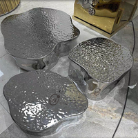 Ensemble de tables basses gigognes en acier inoxydable martelé/embossé effet miroir argenté, mobilier de salon moderne et luxueux