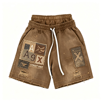 Shorts Streetwear Homme Heavyweight Dirty Spray Marron, Design Patchwork, Ourlet Effiloché, Effet Délavé à l'Acide, Coupe Ample, Pantalon d'Été
