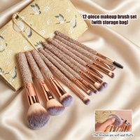 Ensemble de 12 pinceaux de maquillage de luxe à manche en bois avec strass pour fard à paupières, poudre libre, éclaircissement et contouring - Idéal pour les débutants